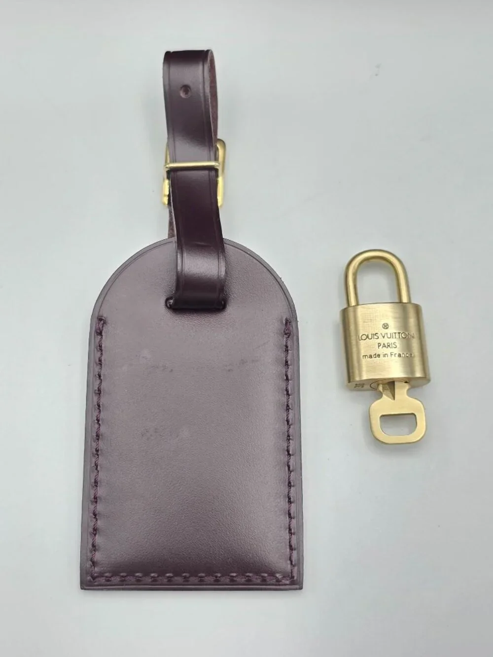Authentic Louis Vuitton Brown Luggage Tag & Gold Padlock with Key-Made in France